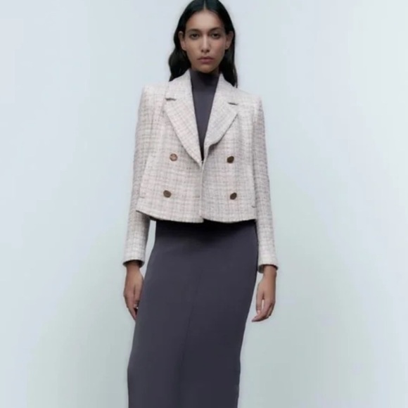Zara Double Breasted Tweed Jacket Large Gray Texture Weave Crop Blazer Academia - Picture 8 of 16